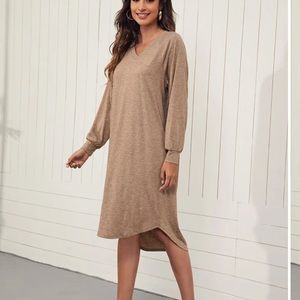 Marled V-neck Long Sleeve Tan Dress